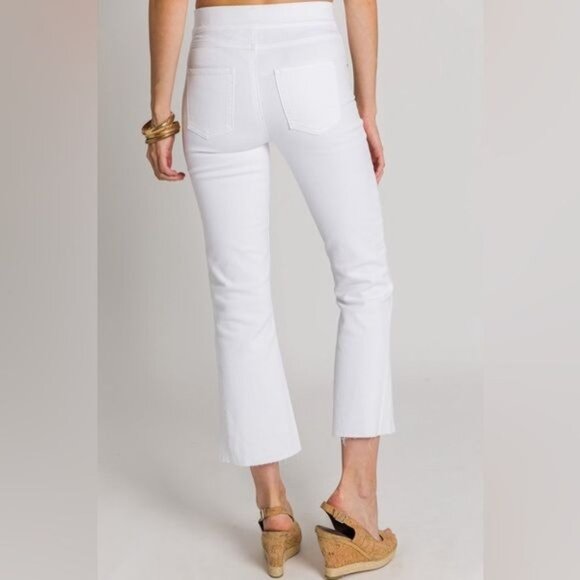 Spanx Flare Bootcut High Rise Pull-On Raw Hem Cropped Stretch Jeans White Large - Picture 2 of 11